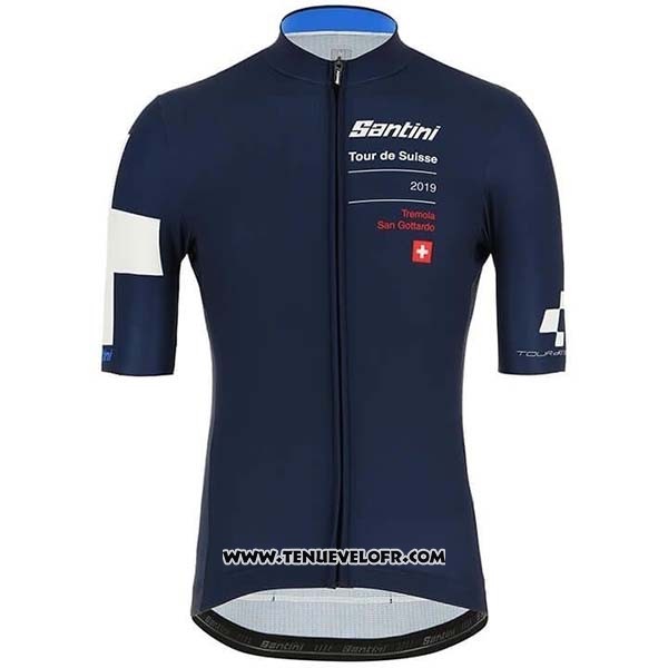 2019 Maillot Ciclismo Tour DE Suisse Fonce Bleu Blanc Manches Courtes et Cuissard